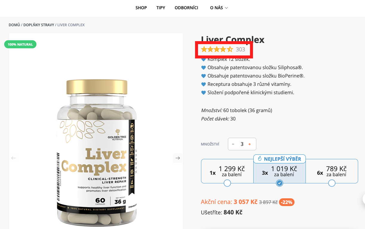 Ukázka recenzí na Liver Complex na stránce výrobce 